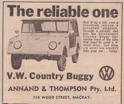 Anuncio de 'el confiable': Volkswagen Country Buggy de los años 1960s, un modelo VW diseñado y fabricado especialmente para el mercado australiano y neozelandés. Puede considerarse un antecedente del tipo 181 Safari.