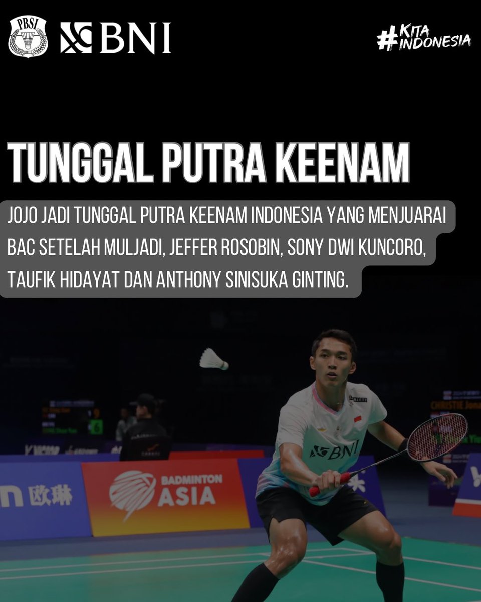 Keberhasilan Jonatan Christie menjuarai Badminton Asia Championships 2024 menghadirkan sederet fakta membanggakan. 

Teruslah berprestasi, bulu tangkis Indonesia!🔥💯🇮🇩

#BadmintonIndonesia
#badmintonasiachampionships2024
#KitaIndonesia
#MenjagaMerahPutih