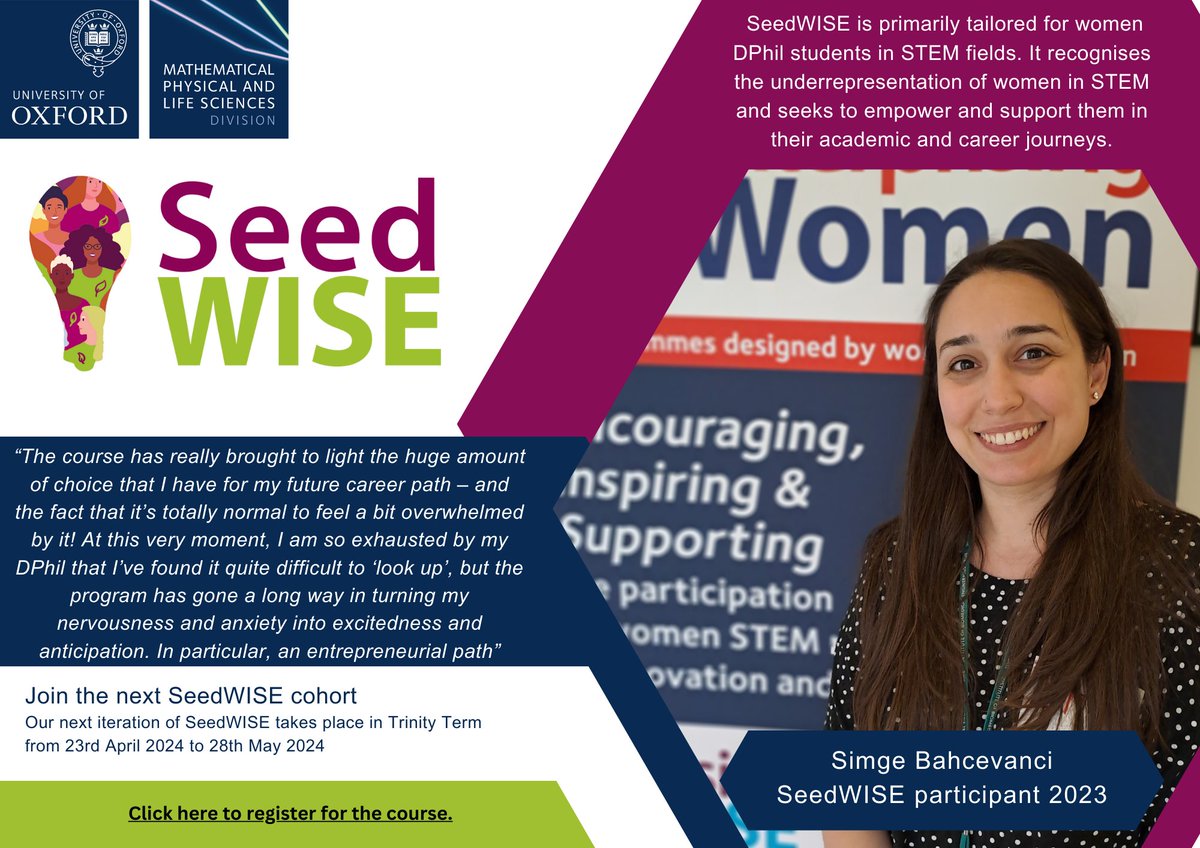 Calling all #womeninSTEM #PhD students @UniofOxford @mplsoxford! Last chance to register for TrinityTerm #SeedWISE #enterprise programme uniquely tailored to YOU! Unlock your full potential & give your aspirations the utmost nurturing+support mpls.ox.ac.uk/seedwise @ejwsolutions