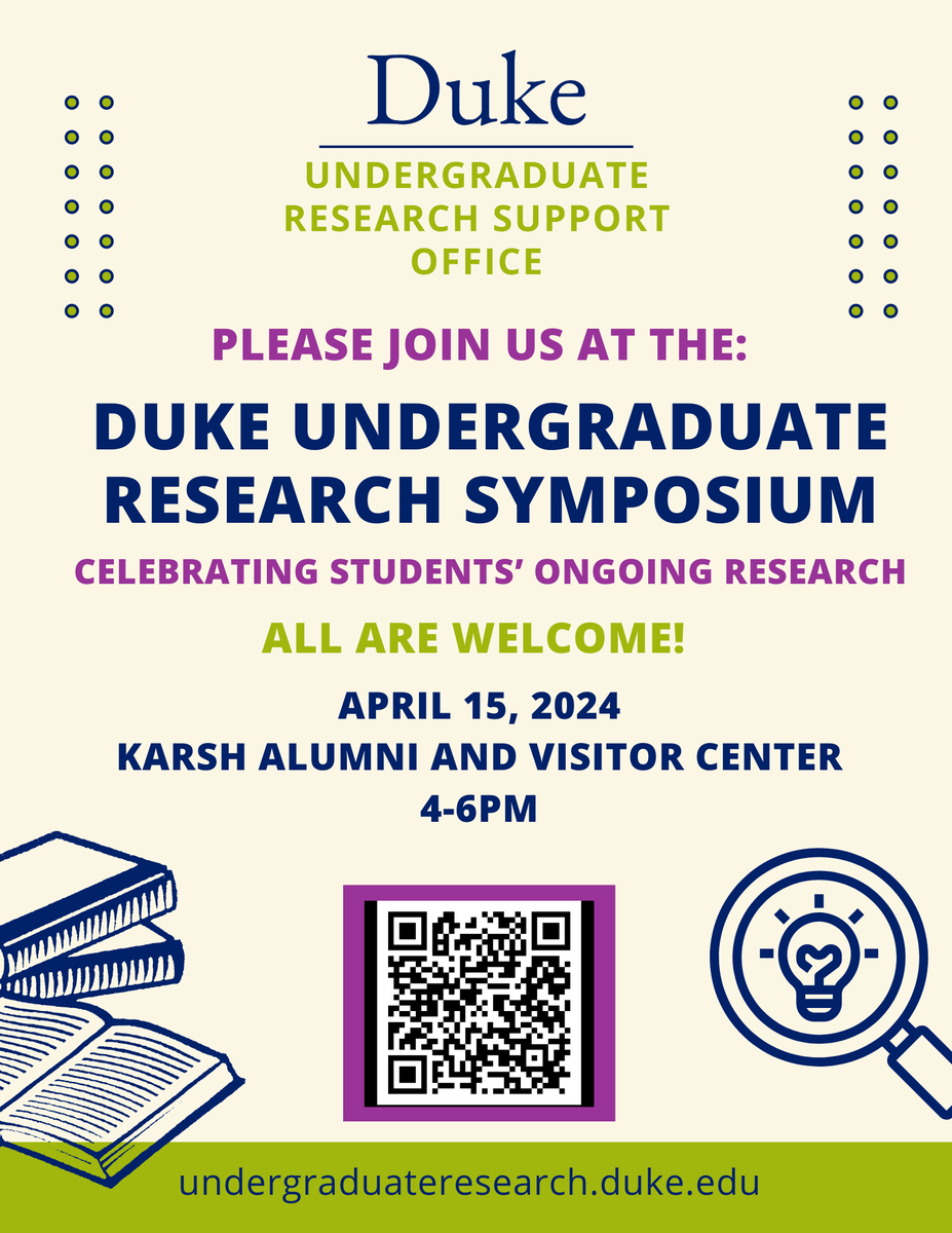 Want a good excuse to take a walk or ride in the sunshine today? Venture over to the @DukeU Undergraduate Research Symposium -- which runs from 4-6 p.m. in Karsh Alumni and Visitors Center -- to get a glimpse of student research from across campus!