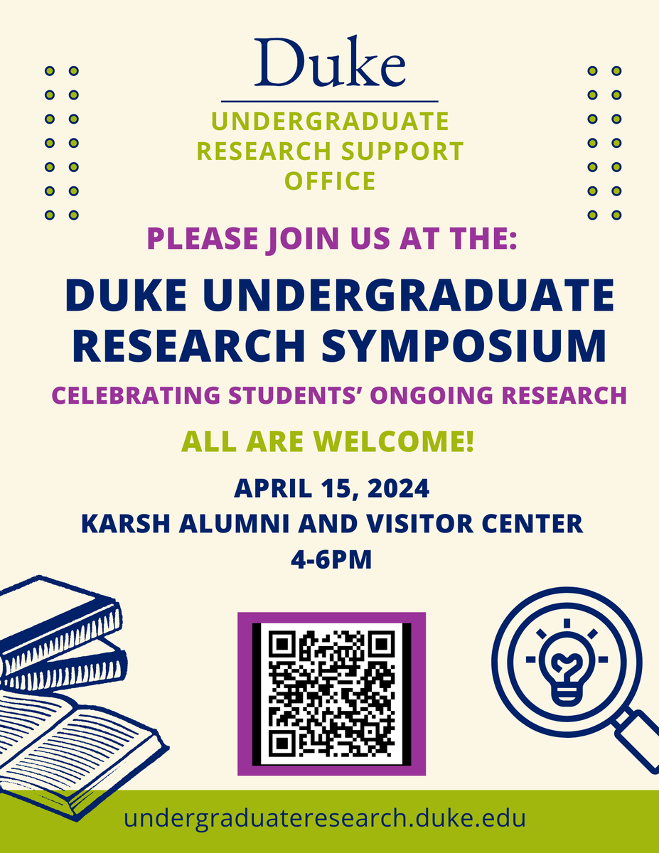 Trinity College at Duke (@duketrinity) on Twitter photo Want a good excuse to take a walk or ride in the sunshine today? Venture over to the <a href="/DukeU/">Duke University</a> Undergraduate Research Symposium -- which runs from 4-6 p.m. in Karsh Alumni and Visitors Center -- to get a glimpse of student research from across campus! Want a good excuse to take a walk or ride in the sunshine today? Venture over to the <a href="/DukeU/">Duke University</a> Undergraduate Research Symposium -- which runs from 4-6 p.m. in Karsh Alumni and Visitors Center -- to get a glimpse of student research from across campus!