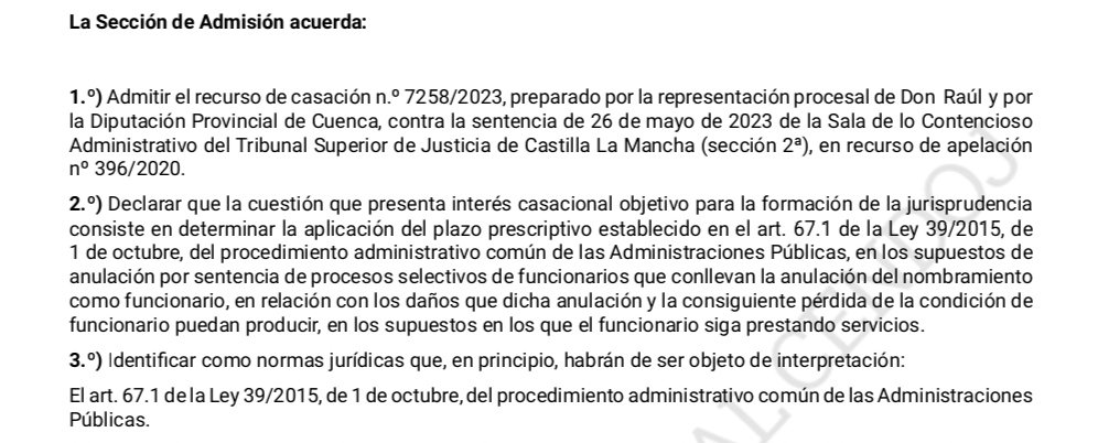 caty_pou's tweet image. 📌 ATS 3726/2024, 3.04
✅ Responsabilidad patrimonial
🟡 Supuestos de anulación por sentencia de #procesosselectivos de funcionarios que conllevan la anulación del nombramiento.
➡️ Determinar aplicación del plazo prescriptivo del art. 67.1 LPACAP. poderjudicial.es/search/AN/open…