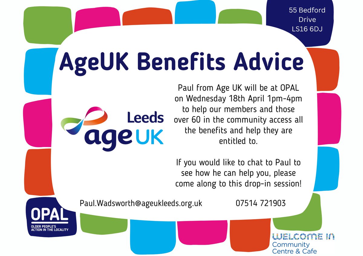 Paul from Age UK will be here on Wednesday afternoon to help you with your benefits! This is a drop-in session so feel free to pop along, or you can phone him or email him (his info is on the poster below). Hope to see you on Wednesday!