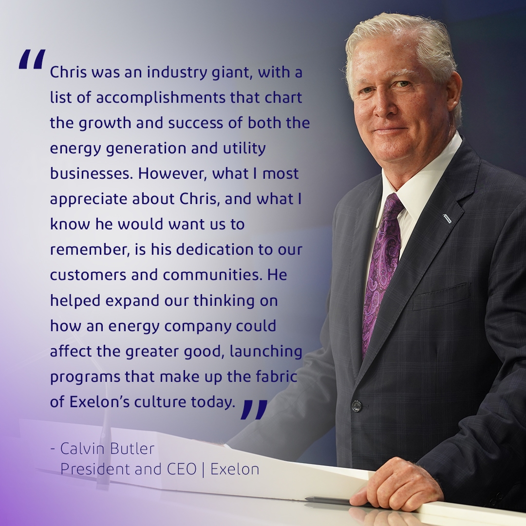 It is with great sadness that we mourn the loss of former <a href="/Exelon/">Exelon Corporation</a> President &amp; CEO, Chris Crane. Chris led us through critical periods of growth &amp; change, but had an even greater impact on the culture of Exelon and the industry as an early advocate for DEI.
exeloncorp.com/newsroom/Chris…