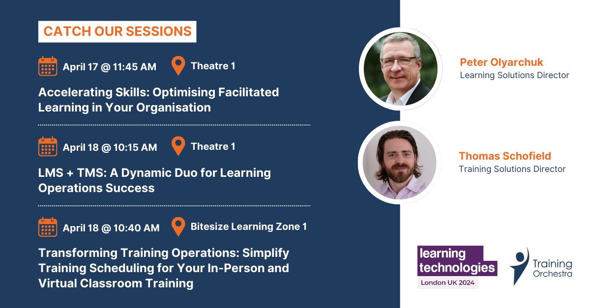 Catch our sessions at LT UK on April 17-18 at ExCel London, and don't forget to visit our team at booth E15 for the latest insights on training management!

#TrainingOperations #TrainingManagement #ILT #vILT #TMS #LMS #LT24UK