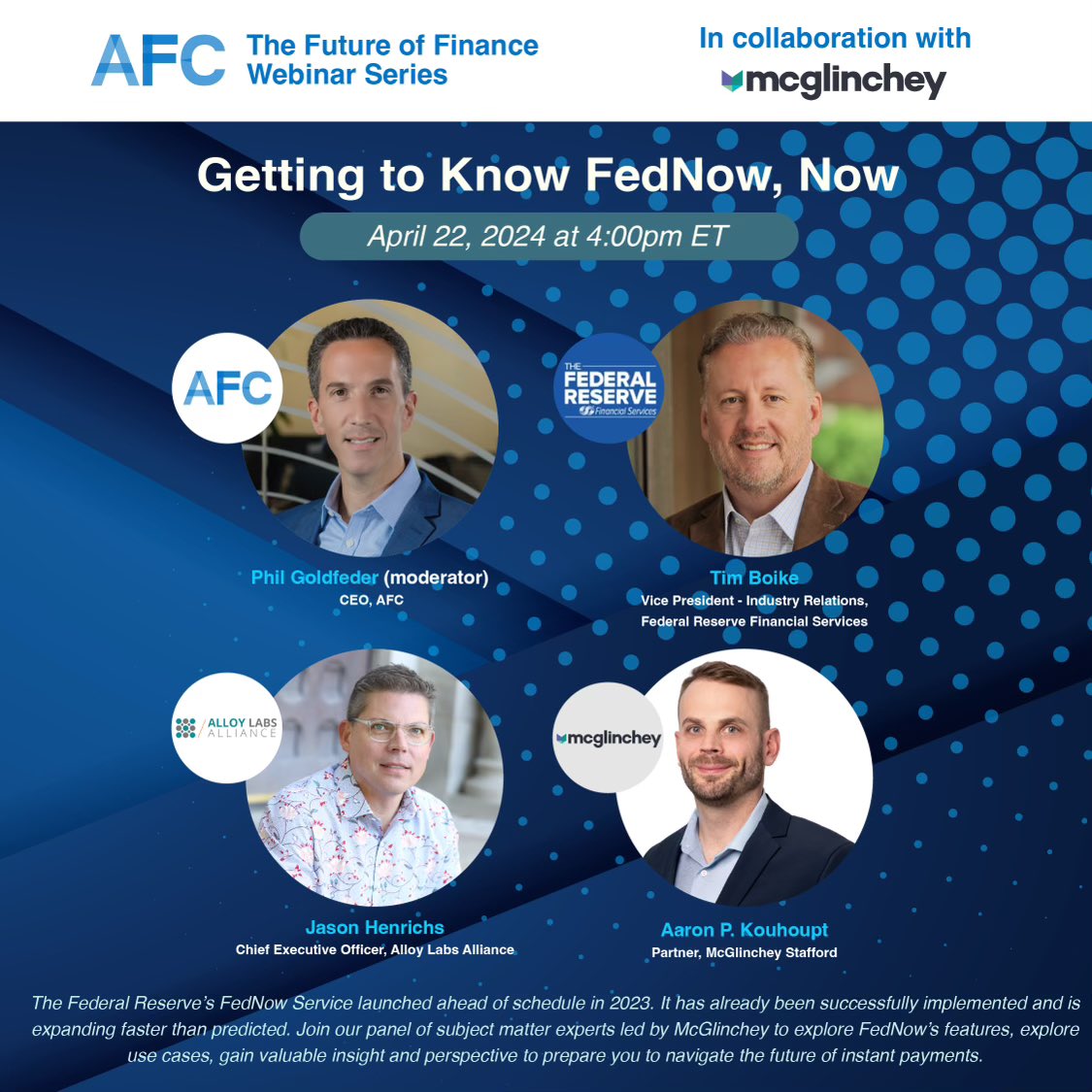 There's a reason for the hype surrounding #FedNow and if you want to know more, you do not want to miss this upcoming webinar that we are hosting in collaboration with our partners at @McGlinchey on April 22nd 4pm ET! fintechcouncil-org.zoom.us/webinar/regist…