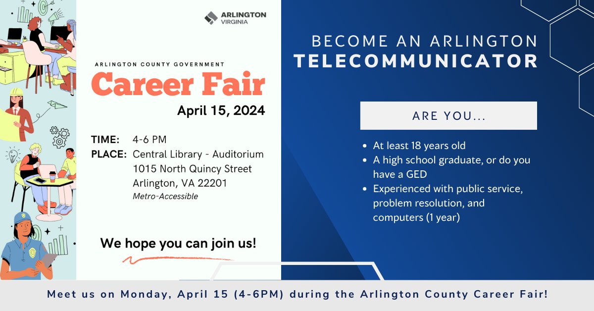 Quick Reminder: there is an @ArlingtonVA Career Fair today (4/15 from 4-6PM) where you can meet some of our fantastic Telecommunicators! Learn about careers within our Emergency Communications Center! Details: bit.ly/3vTqJr4