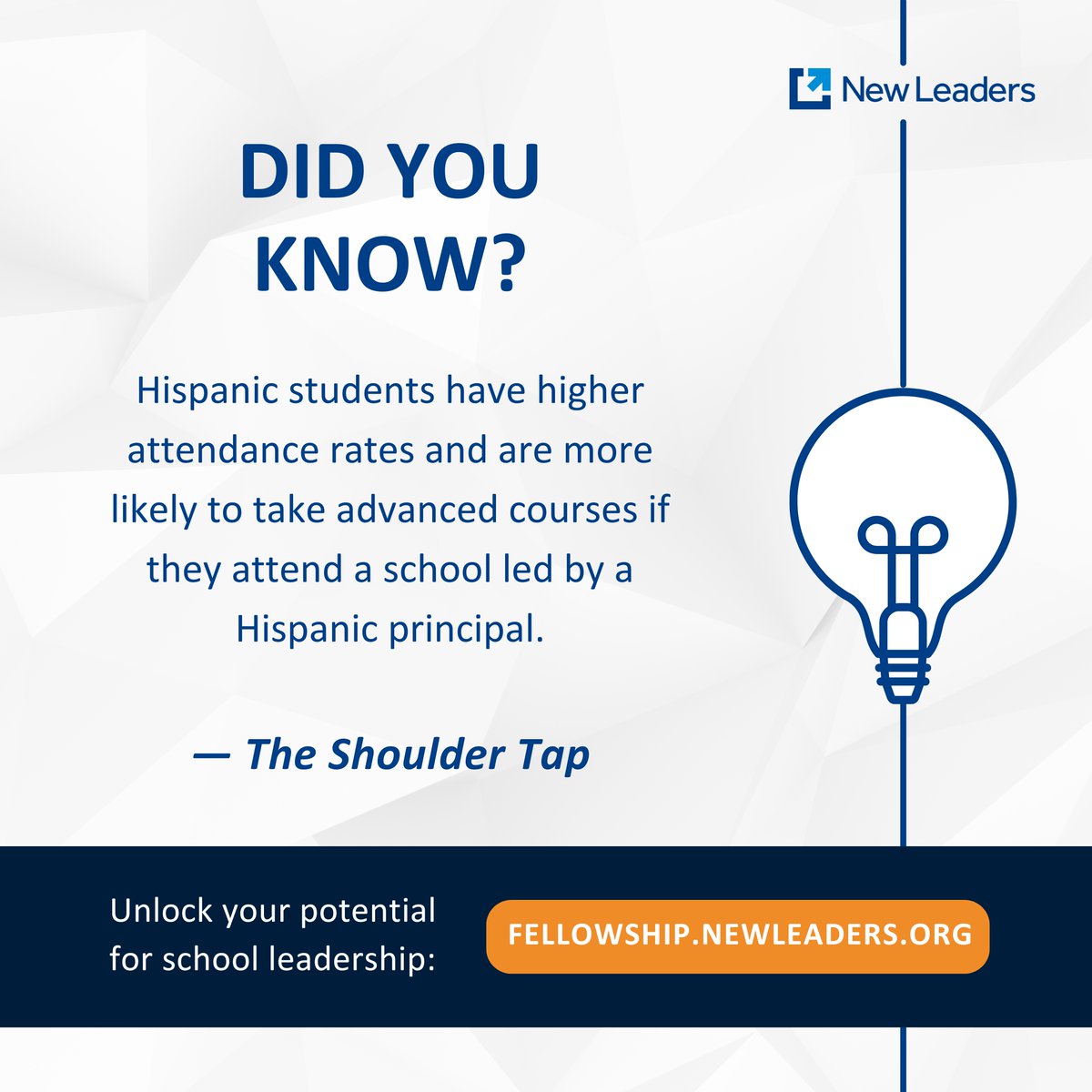 Students thrive when leaders mirror their diversity. Despite Hispanics being 30% of K-12 students, only 10% of leaders are Hispanic. Our Fellowship empowers aspiring leaders to be effective, culturally-responsive #principals. Ready to lead? Apply now: hubs.ly/Q02sRWJg0