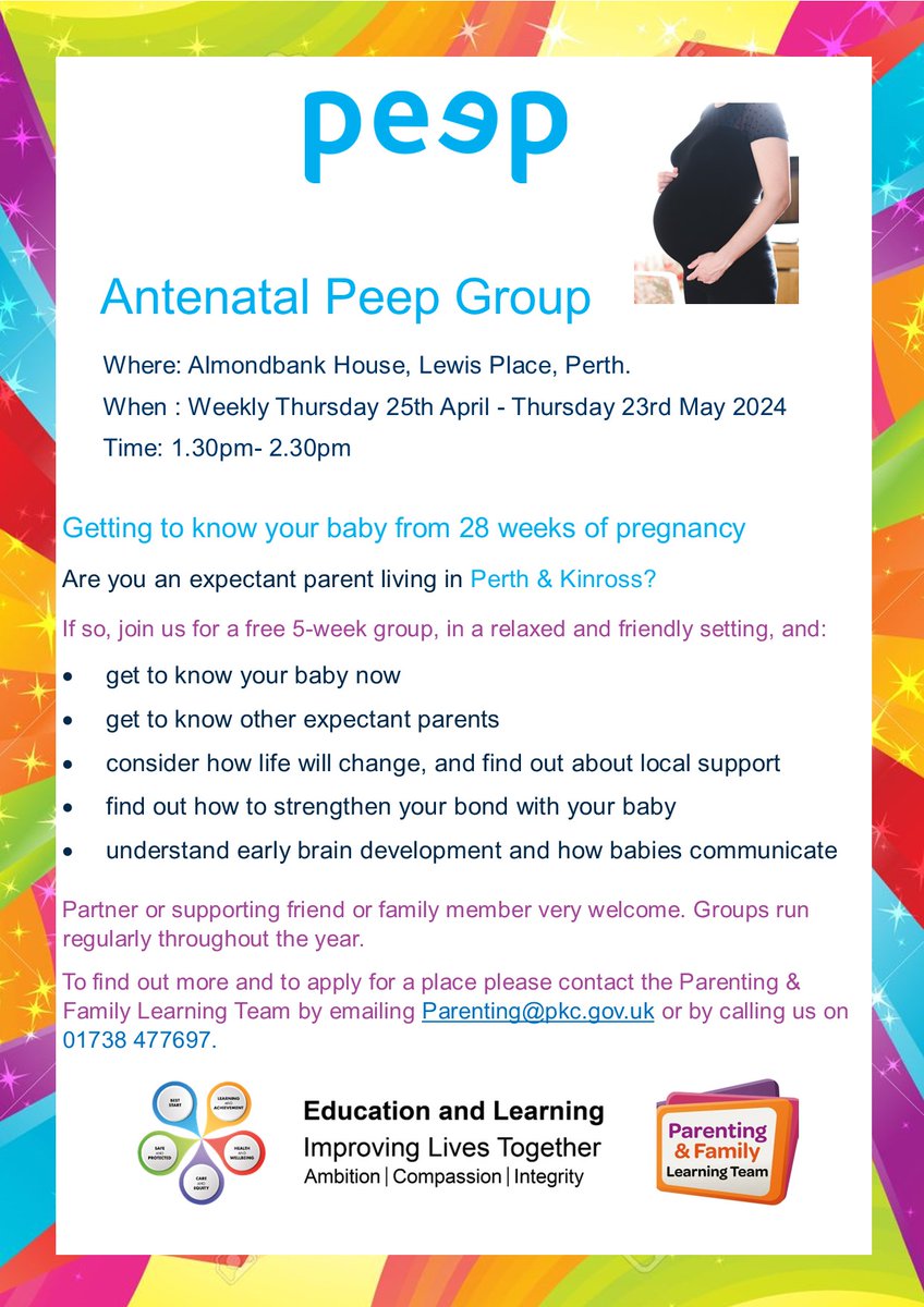 Upcoming Antenatal Peep group starting Thursday 25th April 2024.
Please see poster for details.
For more information about our team, please visit the website pkc.gov.uk/parenting