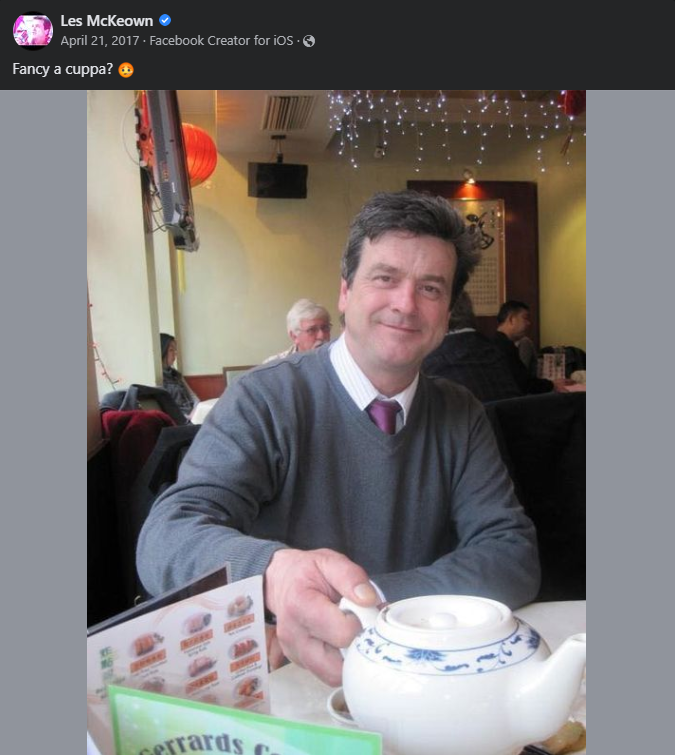On this date in 2017, Les posted this lovely photo of himself, on his Facebook page 🫖☕️#LeslieMcKeown #LesMcKeownUK #BayCityRollers