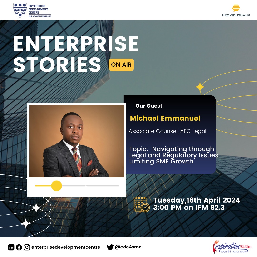 Join us on April 16th, 2024, at 3:00 pm on Inspiration FM 92.3. Michael Emmanuel from AEC Legal will discuss Navigating through legal and regulatory issues limiting SME Growth. Tune in at @ifm923lagos or online. Brought to you by @EDC4SME & @providusbankig. #enterprisestories