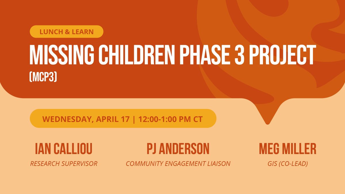 Join us to learn more about the Missing Children Phase 3 (MCP3) project and find out how you can help! Livestreams will be available on our Facebook and YouTube channels. #nctr_um