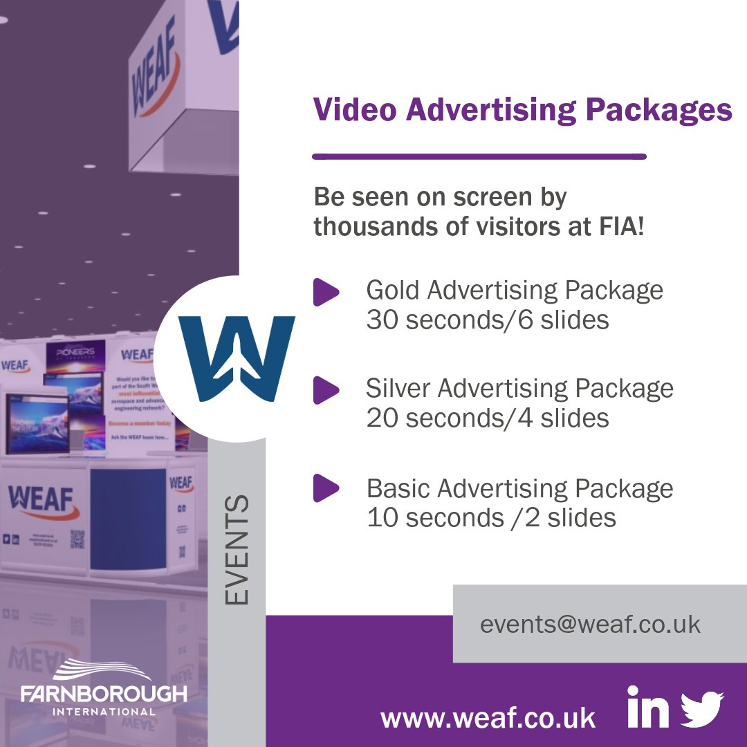 Be seen on screen at Farnborough International Air Show 2024 👀 Positioned on the main walkway, the screen will be in an ideal position for you to reach your target audience from as little as £150 To find out more simply email events@weaf.co.uk #WEAF #FIA #advertising #video