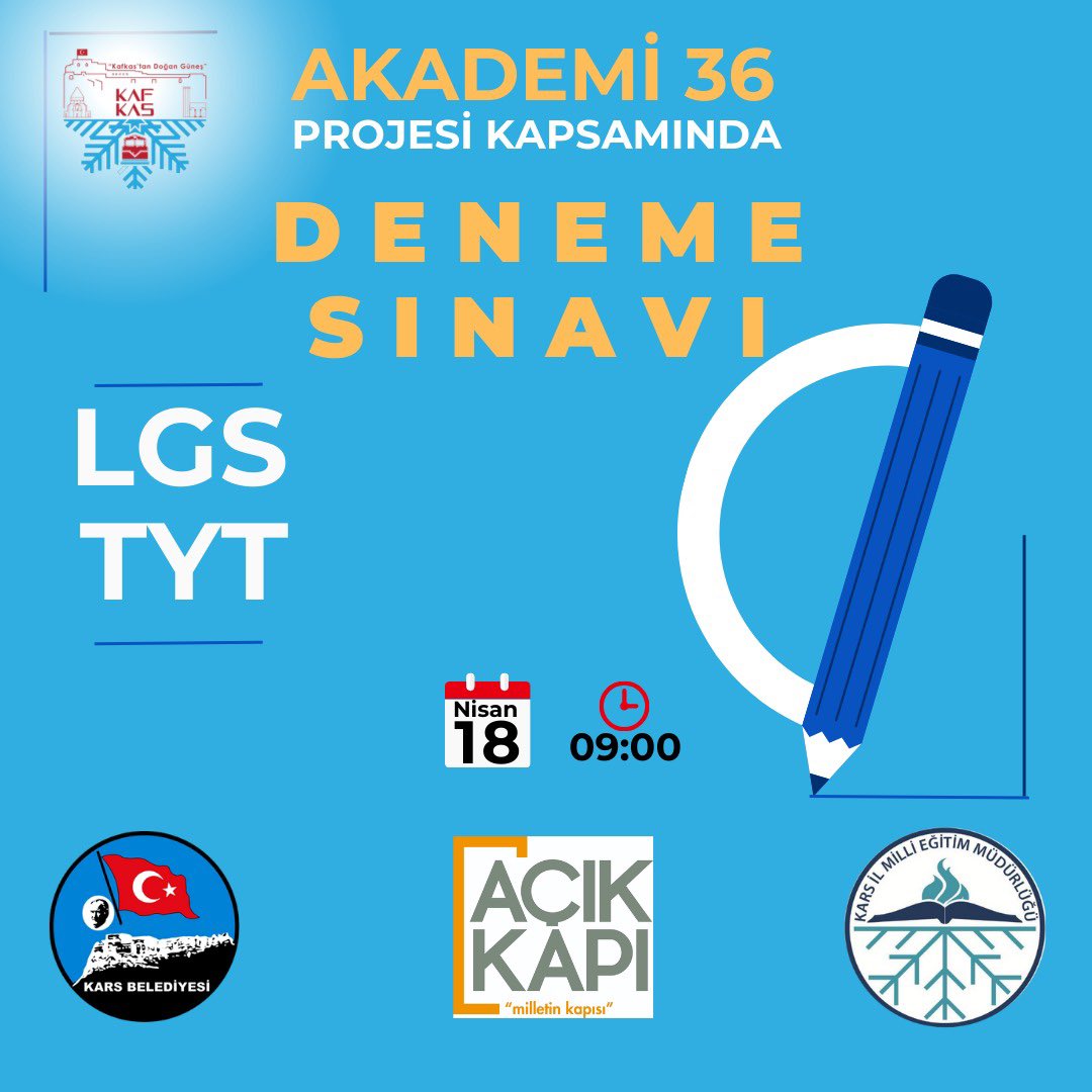 Akademi 36 Projesi kapsamında İl genelinde bulunan tüm ortaokul ve lisemizde 8. ve 12. sınıflara yönelik LGS ve TYT deneme sınavı yapılacaktır. Sınava girecek tüm öğrencilerimize başarılar dileriz. #SevdamızEğitim