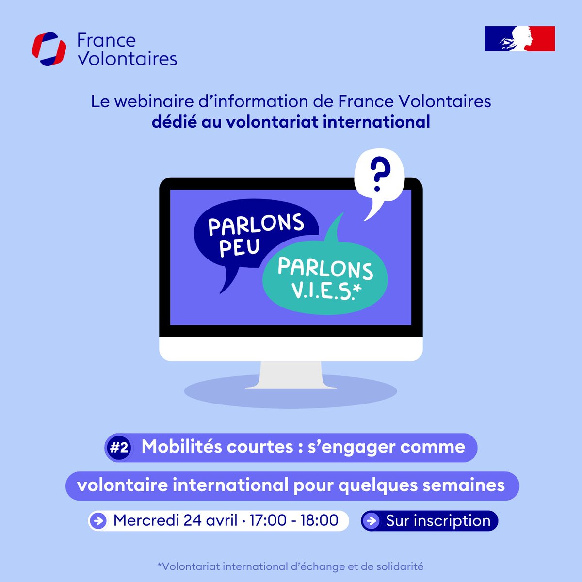 🔴 Ne manquez pas la deuxième édition de #ParlonsPeuParlonsVIES, le webinaire dédié au volontariat international. Au programme : les mobilités courtes avec <a href="/Cotravaux/">Cotravaux</a> et le <a href="/fonjep/">Fonjep</a> 📅 Rdv le 24.04 (sur inscription) 👉 bit.ly/3UdEQkg