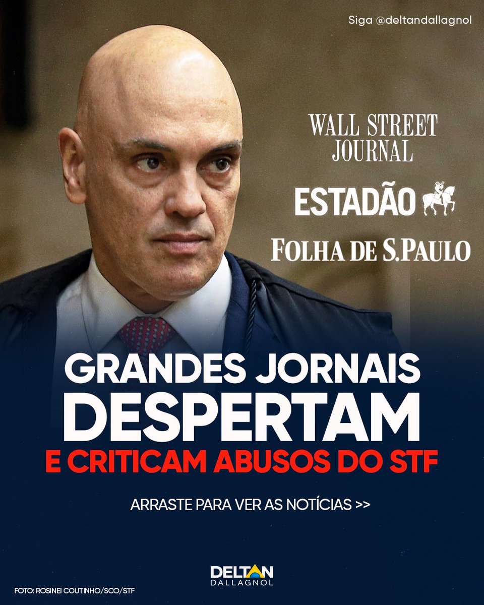deltanmd's tweet photo. A bolha foi furada. O mundo e o Brasil conhecem agora os abusos que denunciamos faz anos, e até mesmo a Folha de S. Paulo e o Estadão subiram o tom e fizeram duros editoriais contra o STF.

O Wall Street Journal, um dos maiores jornais do mundo, chegou a afirmar que “o Brasil não tem mais um Judiciário independente” e que nossa democracia “está morrendo à luz do dia”.

Esse é o momento de expormos ao mundo a tirania judicial que vivemos no Brasil!

Deixe nos comentários sua opinião 👇🏻