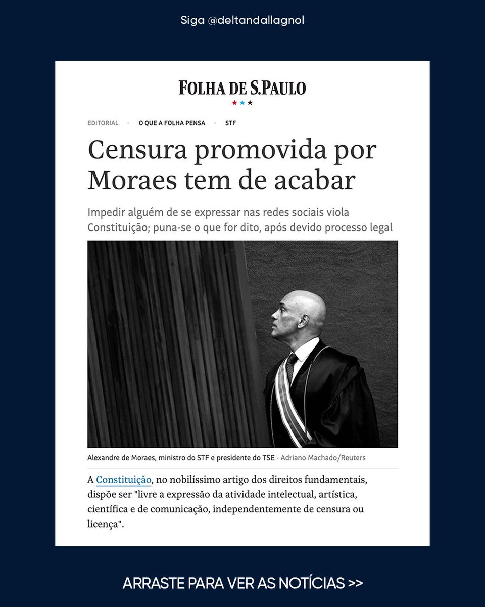 deltanmd's tweet photo. A bolha foi furada. O mundo e o Brasil conhecem agora os abusos que denunciamos faz anos, e até mesmo a Folha de S. Paulo e o Estadão subiram o tom e fizeram duros editoriais contra o STF.

O Wall Street Journal, um dos maiores jornais do mundo, chegou a afirmar que “o Brasil não tem mais um Judiciário independente” e que nossa democracia “está morrendo à luz do dia”.

Esse é o momento de expormos ao mundo a tirania judicial que vivemos no Brasil!

Deixe nos comentários sua opinião 👇🏻