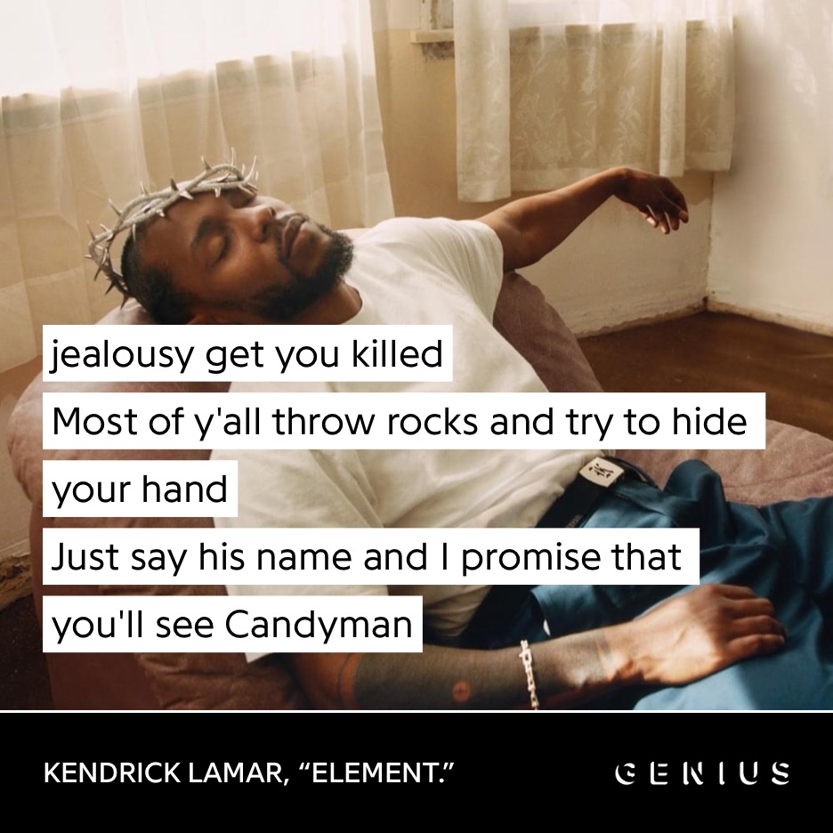 Kendrick Lamar - ELEMENT (2017) On the OG version of the track (left) he directly name drops Drake, this version never released although he still had some bars for him on the album cut (and Big Sean)