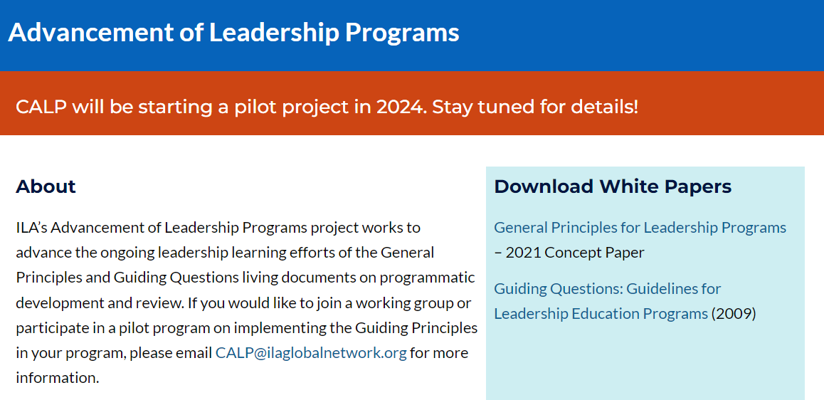 #MembershipMonday Did you know ILA's Committee for the Advancement of Leadership Programs advances the learning efforts of the 'General Principles for Leadership Programs' and 'Guiding Questions' living docs on programmatic development and review? ilaglobalnetwork.org/about/advancem…