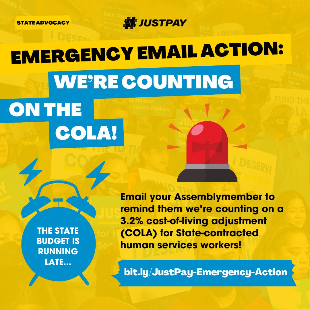 We’re still waiting on the State budget and still counting on the inclusion of a 3.2% COLA for human services workers! 🚨Email your Assemblymember TODAY to remind them: bit.ly/JustPay-Emerge… #JustPay