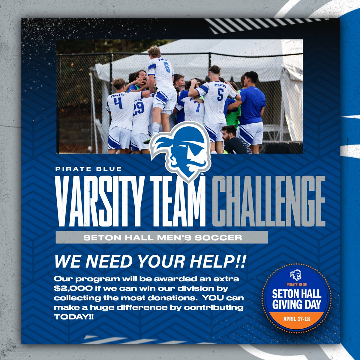 Pirates Fans, our team is competing in the True Blue Division of this year’s Giving Day Varsity Team Challenge. By making a donation to our program, you could help us win an additional $2,000 gift! Make your Giving Day gift now at shu.edu/PBGivingDay #HALLin🔵⚪