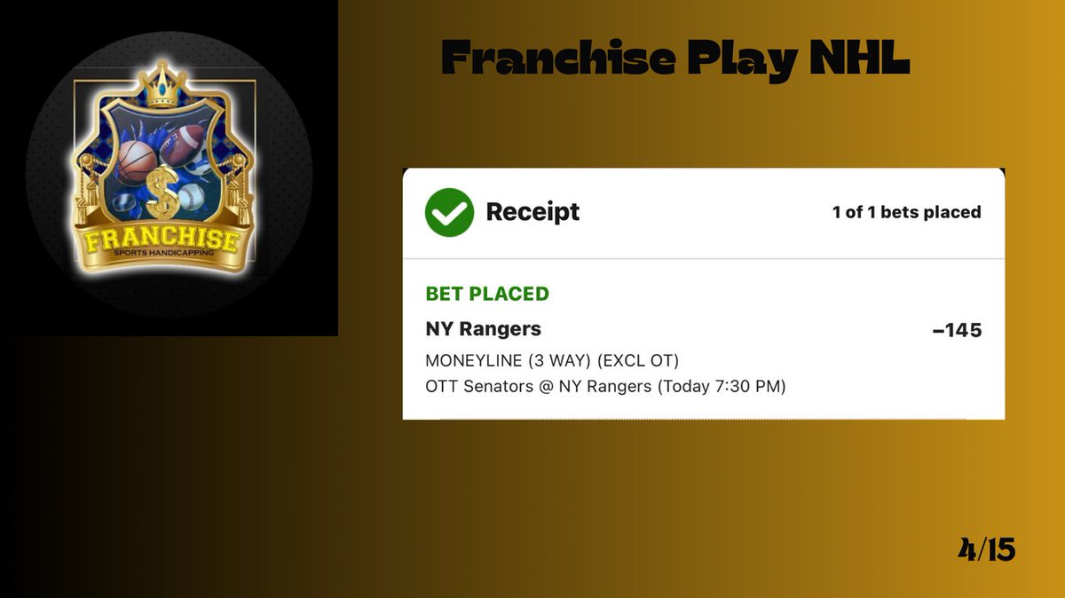 Franchise play alert 🚨🚨🚨
Rangers in regulation -145 
#nhl #freeplay #bettingtips #gamblingtwitter #thefranchise