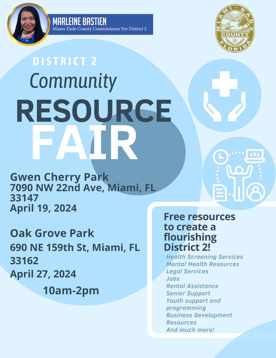 Mark your calendars 📅 Join Commissioner @MarleineBastien at Gwen Cherry Park on Friday, April 19, from 10 a.m.-2 p.m., for District 2's Community Resource Fair! 🌟   Discover FREE local services, connect with your neighbors, and celebrate the vibrant community spirit.
