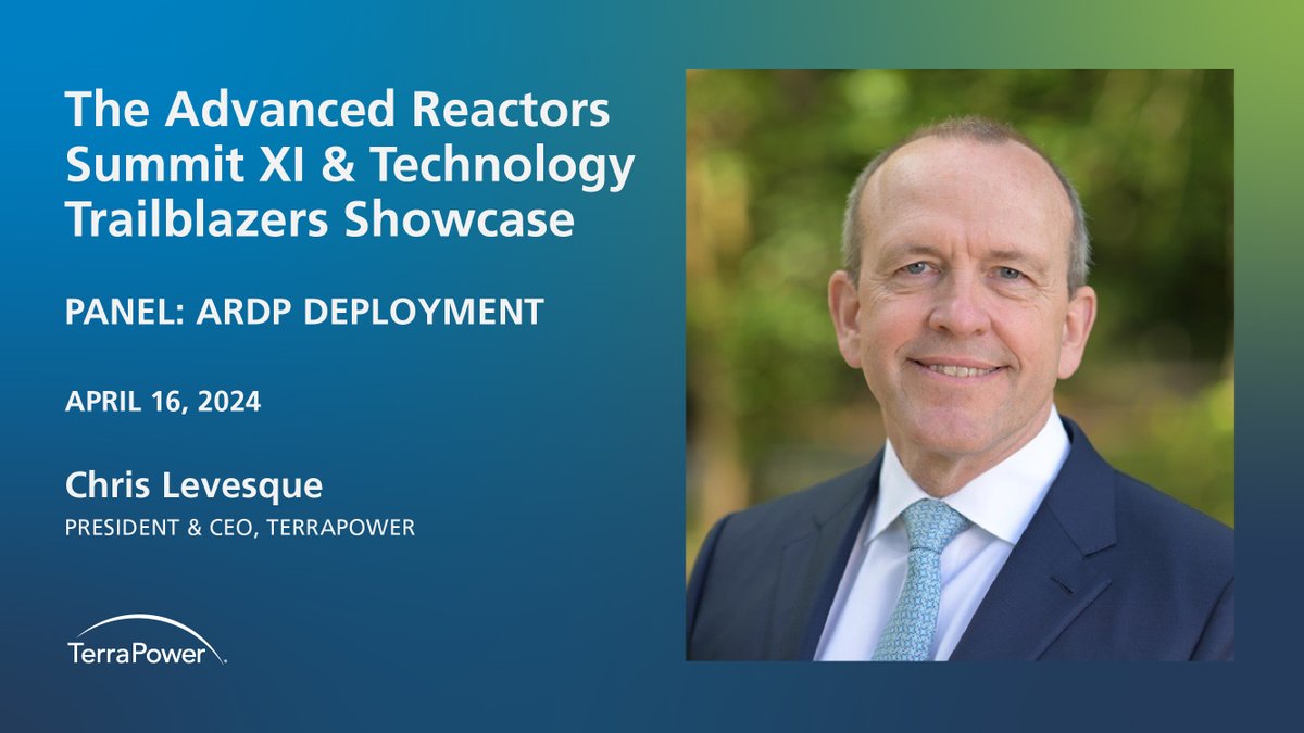 TerraPower's President & CEO is speaking at the #ARsummit! His panel will explore the Advanced Reactor Development Program, addressing hurdles in deploying advanced nuclear tech at former coal sites, like the Natrium™ project. Check out the agenda: arsummit.org/2024-agenda