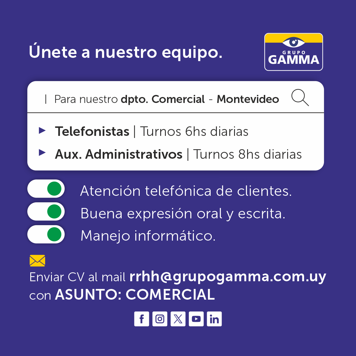 Únete a nuestro equipo.🤝 🖥📞 Telefonistas y Aux. Administrativos para Montevideo. Atención telefónica de clientes. Buena expresión oral y escrita. Manejo informático. 📩 Enviar CV al mail rrhh@grupogamma.com.uy con ASUNTO: COMERCIAL