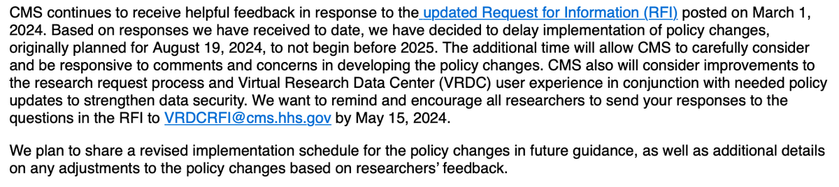 Glad to see that @CMSGov is postponing plans to end the on-site data access that has been crucial for research and policymaking. They are clearly listening to our concerns. Many thanks to the folks who pressed the administration + folks in the admin and CMS who are listening.