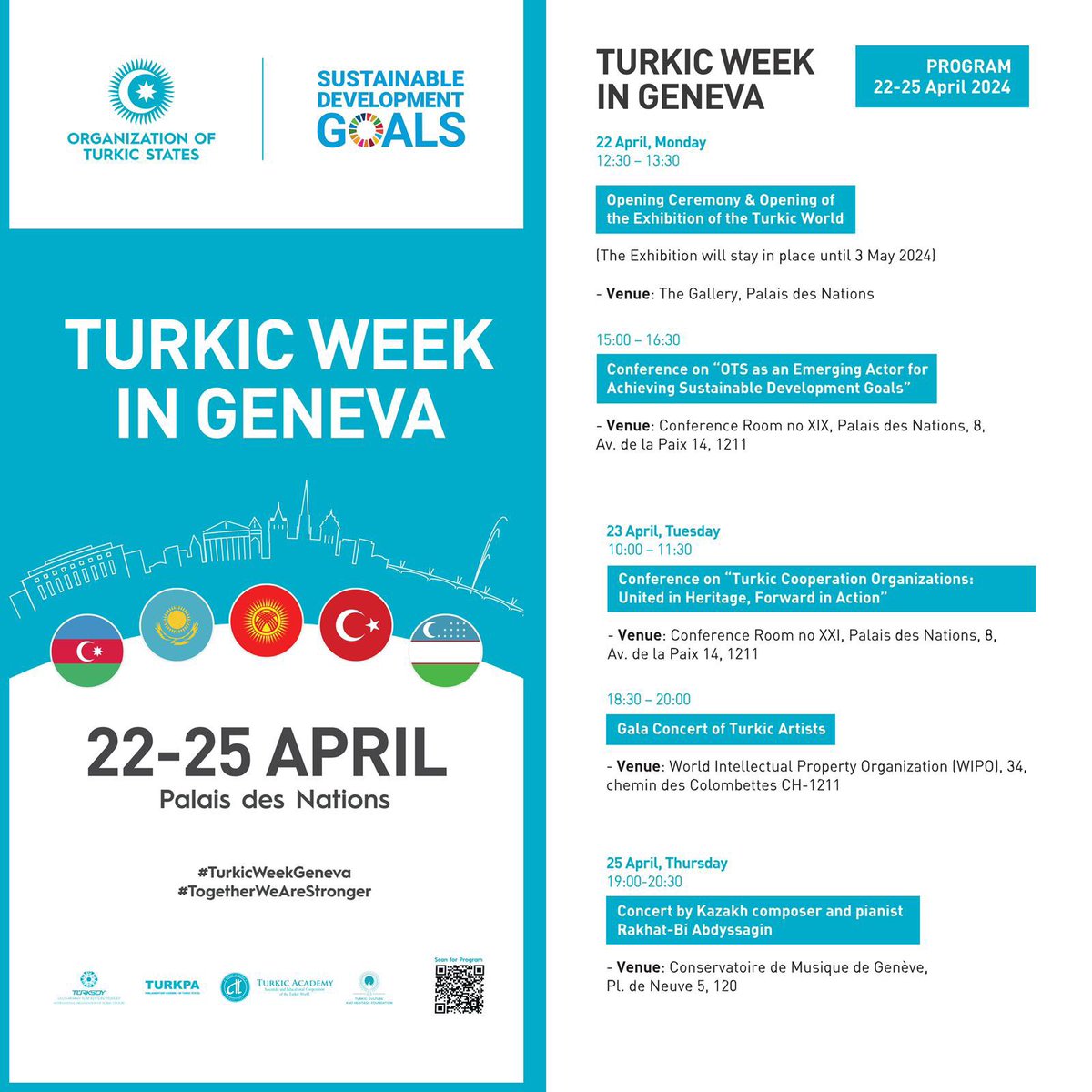 Join the Turkic Week in Geneva on 22-25 April🇦🇿🇰🇿🇰🇬🇹🇷🇺🇿! Discover the rich heritage of the Turkic world and learn more about the Turkic cooperation at the global stage. #TurkicWeekGeneva #TogetherWeAreStronger