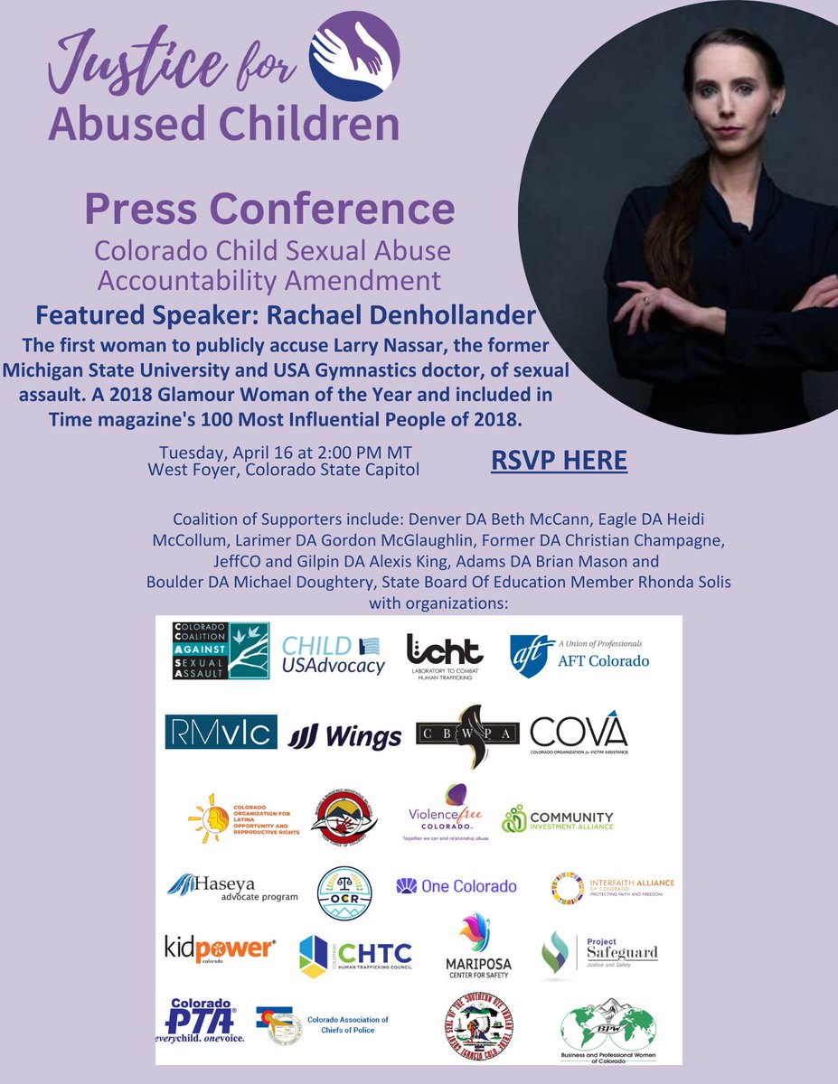 Join us on Tuesday, April 16 at 2 pm MT for a press conference w/ @R_Denhollander our large coalition of supporters of SCR-001 The Child Sexual Abuse Accountability Amendment. RSVP here: mobilize.us/upstream/event…… @COpoliticsCO #ColoradoHumanTraffickingCouncil #SouthernUte #coleg