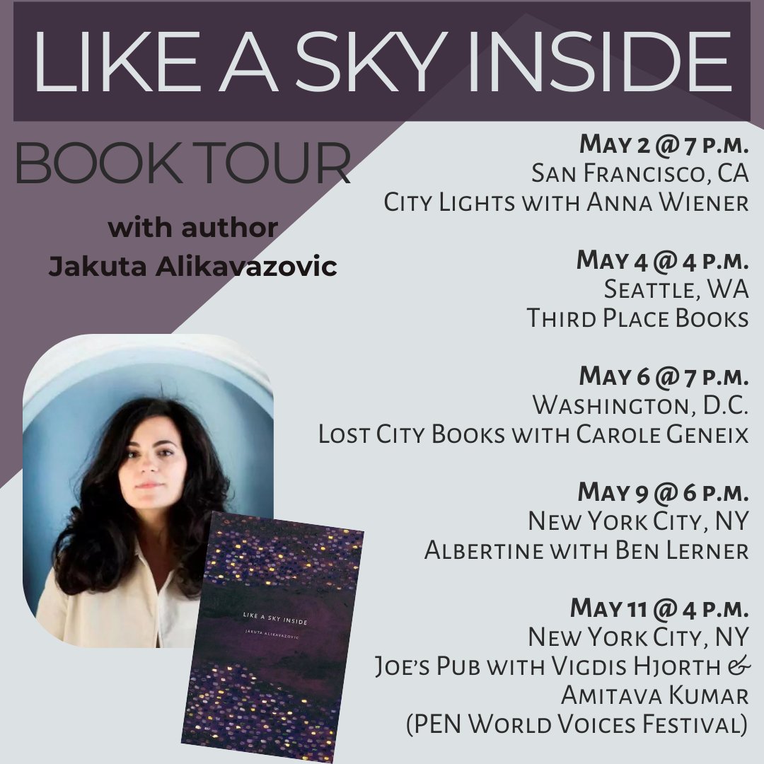 Mark your calendars for the Like a Sky Inside book tour! We are thrilled to share this 'singularly beautiful book' (@mervatim) next month: @CityLightsBooks, @ThirdPlaceBooks, @lostcitybooks, @albertinebooks, @PENworldvoices For more: fernfernfern.com/skyinside @JakutaAlika @dlb