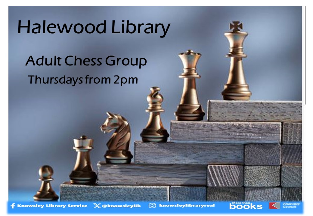 Did you know we have an Adult Chess group at #HalewoodLibrary? The group is every Thursday from 2pm, and all abilities are welcome. Come along and have a lovely afternoon playing chess, have a chat and a cuppa! Find out what's happening here: yourlibrary.knowsley.gov.uk #chess