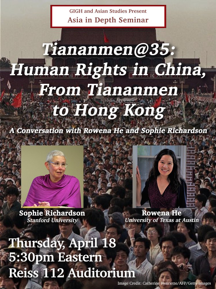 'Tiananmen@35: Human Rights in China, From Tiananmen to Hong Kong.' A conversation with Rowena He and Sophie Richardson. This Thursday (4/18) at Georgetown, Reiss 112 Auditorium at 5:30. DC area folks, hope to see you there! Please reserve free spot: eventbrite.com/e/tiananmen35-…