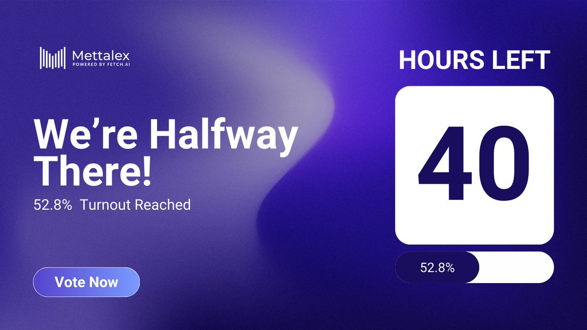 🎉We're halfway there, Mettalex Community!🎉 Exciting news: We've hit a 52.8% turnout! Let’s push through to a strong finish. Still 40 hours left to make your vote count. Don’t miss out! 🗳️💥 Every vote counts! 🗳️💪 mintscan.io/fetchai/propos…