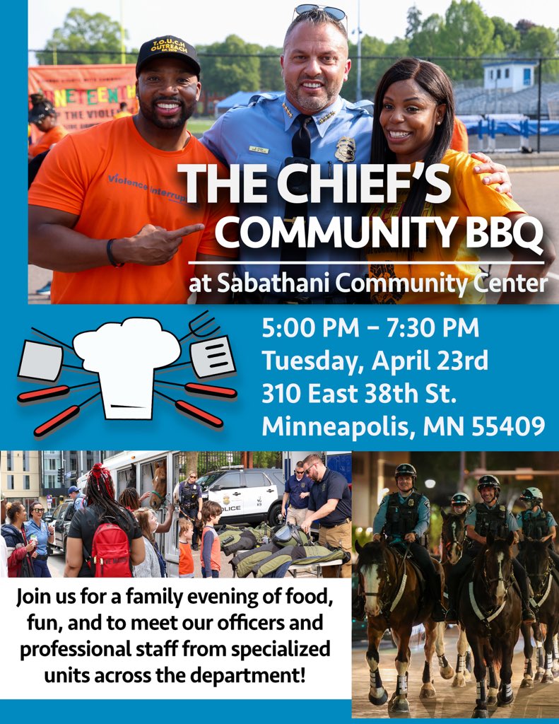 Everyone is invited to MPD’s annual BBQ at Sabathani Community Center on Tuesday, April 23, from 5:00-7:30pm!