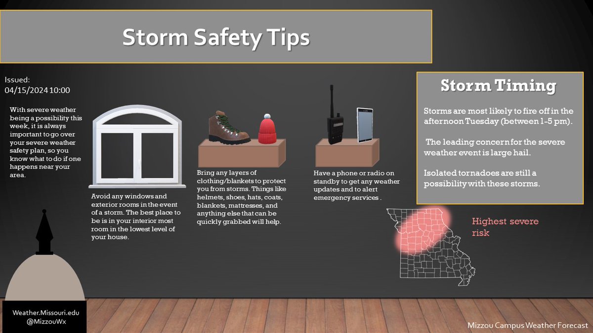 We are looking at a potential for severe weather on Tuesday. Now is a better time than ever to discuss what to do in the event a storm becomes severe in your area. #mo #mowx #mizzouwx #mizzou