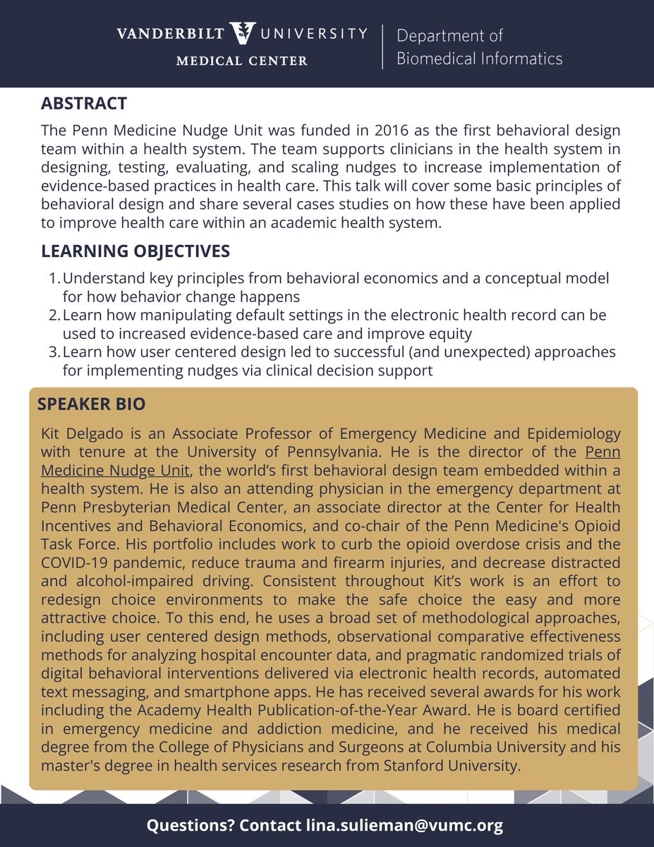 Join M. Kit Delgado, MD, MS (@kit_delgadoMD), Director @PennNudgeUnit ;@PennCHIBE @PennCECPR @PennLDI @PennInjury @UPennDBEI for our #DBMIGrandRounds on WED, April 17 at 12PM CT. He'll present his talk REMOTELY. Room/Teams info: vumc.org/dbmi/vumc-dbmi… @vanderbiltem @VUMC_EMR