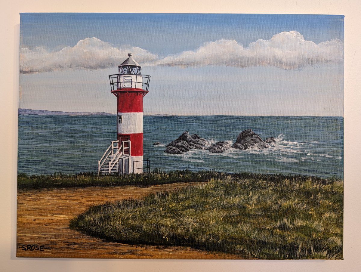 'Green Point Lighthouse, Port de Grave, Newfoundland' in acrylic on canvas. Reference photo by Tina English.