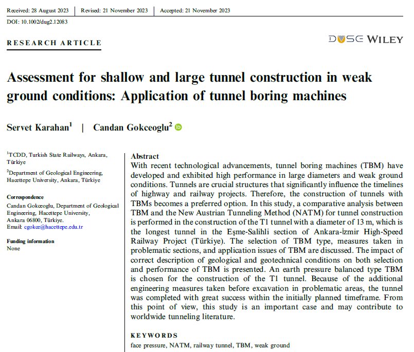13-14 m çapındaki tüneller içinde Tünel inşaa hızı olarak Dünya Rekoruna sahip olan Eşme T1 tüneline ilişkin makalemiz Deep Underground Science and Engineering dergisinde yayınlandı. İlgilenenler için:
onlinelibrary.wiley.com/doi/full/10.10…
<a href="/CGokceoglu/">Candan Gökçeoğlu</a>, <a href="/Robbins_Co/">Robbins TBMs</a>