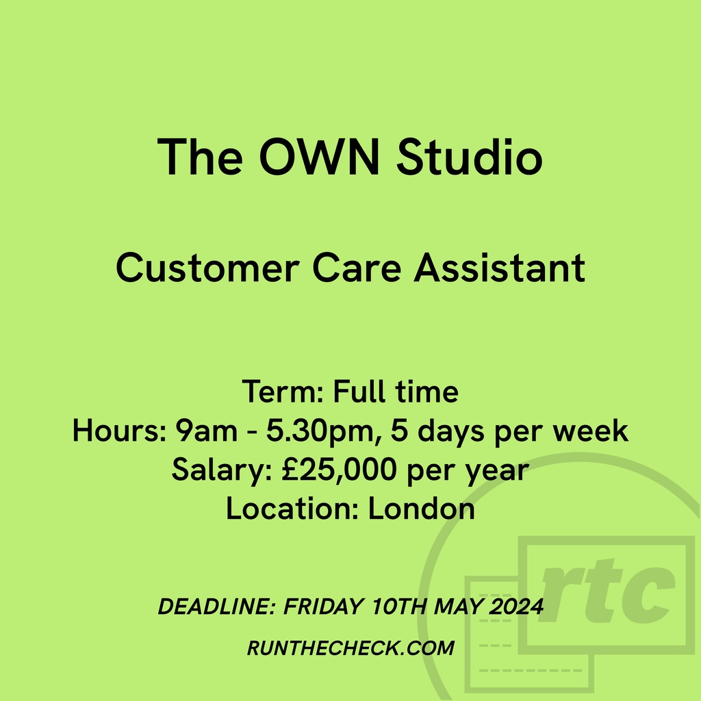 The OWN Studio, Customer Care Assistant 🌱 Apply ↓ runthecheck.com/the-own-studio…