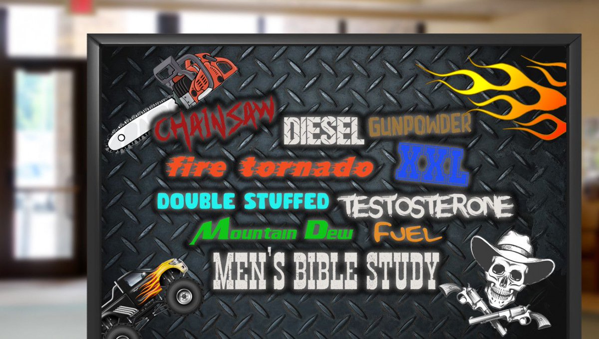 TheBabylonBee's tweet photo. Church Introduces New Chainsaw Diesel Gunpowder Fire Tornado Double Stuffed Testosterone Mountain Dew Fuel Themed Men’s Bible Study For Men https://t.co/ZSlyQF0BIN https://t.co/C5Z4JWbdmL