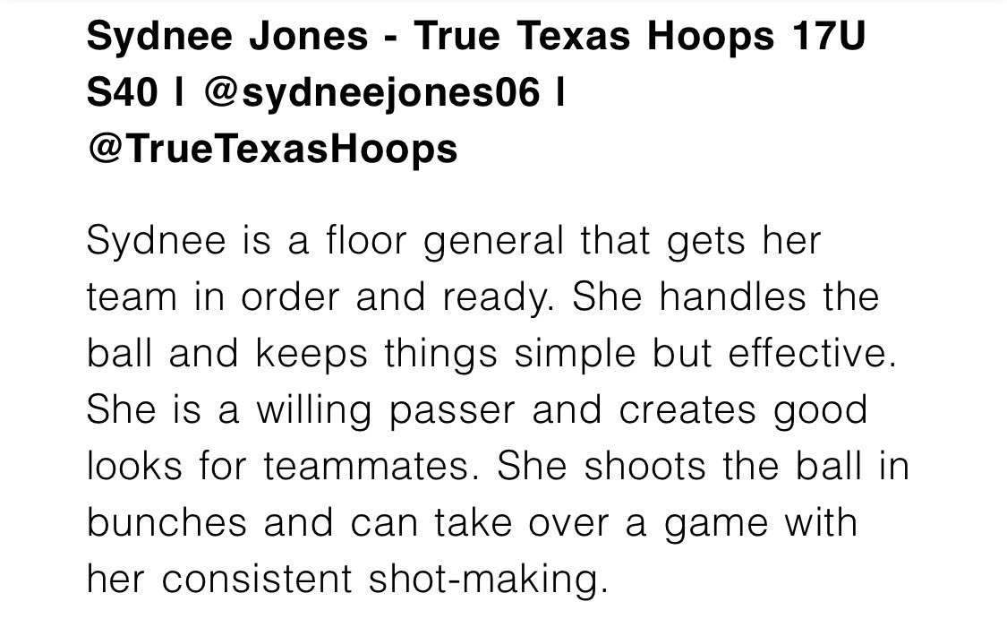 True Texas Hoops | Select 40 Circuit (@truetexashoops) on Twitter photo ๐ <a href="/sydneejones06/">Sydnee Jones</a> - 2025 PG/SG
We loved seeing Sydnee compete beside her teammates this weekend. She ended our <a href="/Borderwar1/">Borderwar Tourney</a> weekend with a bang ๐ฅ behind the arc to contribute to the teamโs success!
Thank you for the write up ๐๏ธ <a href="/sheputsinwork/">She Puts in Work Basketball Brand</a> ๐ <a href="/sydneejones06/">Sydnee Jones</a> - 2025 PG/SG
We loved seeing Sydnee compete beside her teammates this weekend. She ended our <a href="/Borderwar1/">Borderwar Tourney</a> weekend with a bang ๐ฅ behind the arc to contribute to the teamโs success!
Thank you for the write up ๐๏ธ <a href="/sheputsinwork/">She Puts in Work Basketball Brand</a>