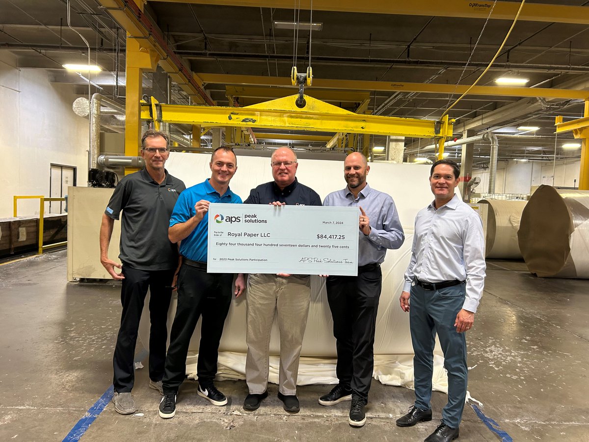 We're thrilled to present Royal Paper with a check for nearly $85k for their participation in the APS Peak Solutions program. Interested in what’s possible for your org's participation? Join our free webinar on April 2. Register here: ow.ly/tEUr50Rfclv #APS #DERs #VPPs