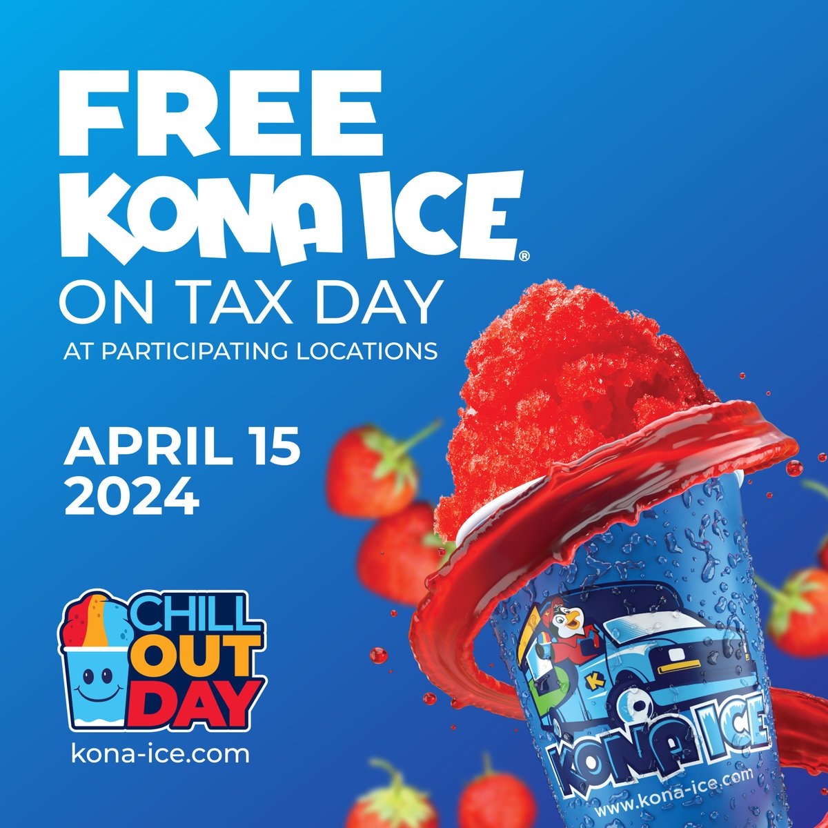 No Taxation without Relaxation! Head over to kona-ice.com/chill-out-day/ to find your local truck for a FREE Kona Ice today only! 🍧💸