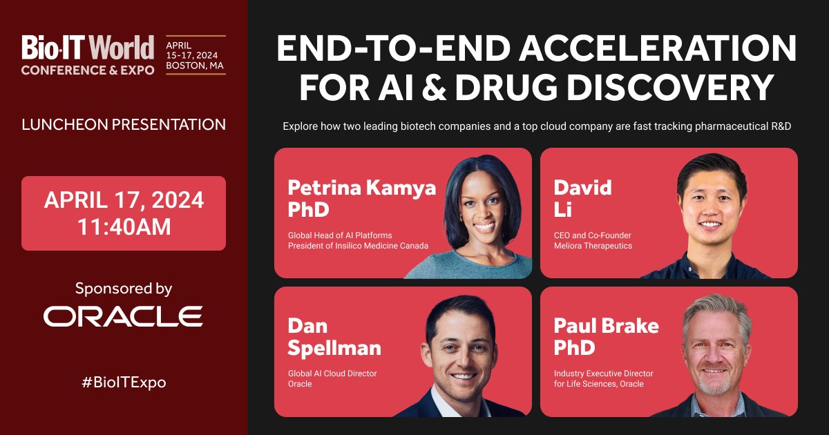 Meet Insilico's Global Head of AI Platforms Petrina Kamya, Ph.D. at the @bioitworld Expo! Petrina presents as part of a panel Wed., April 17, 11:40am on 'End-to-End Acceleration for AI & Drug Discovery' sponsored by @Oracle. bio-itworldexpo.com #BioITExpo