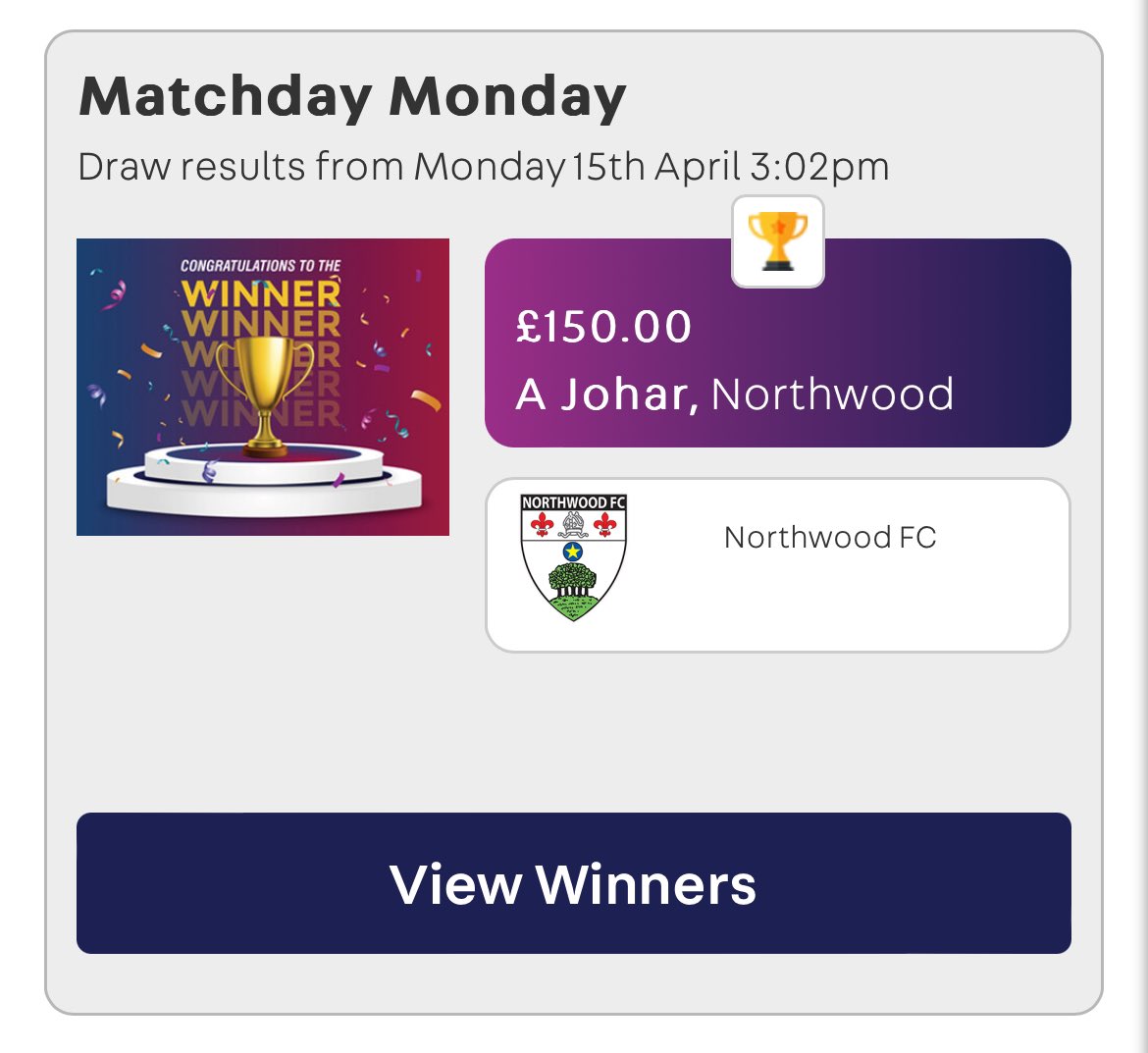 A big congratulations to @NorthwoodFC - our big winners today for Matchday Monday on 1000GBP.com! What a great way to start the week!