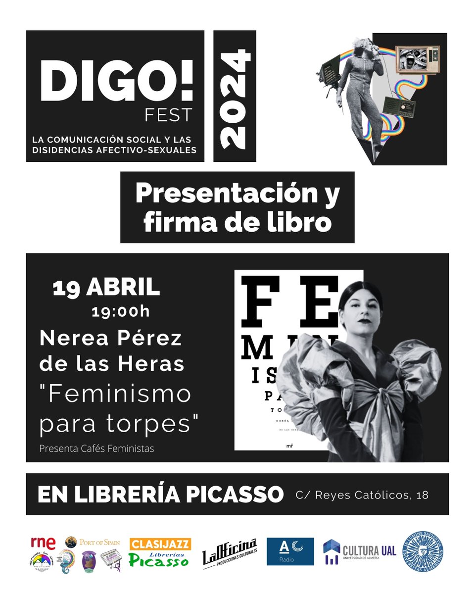 ✔️Presentación y firma de libro ‘Feminismo para torpes’
🗓️19 de abril
⌚️19:00
📍Librería Picasso

Nerea Pérez de las Heras analiza todos los aspectos relacionados con el feminismo,  partiendo desde escenas cotidianas, humor y experiencias personales.

Presenta Cafés Feministas💜