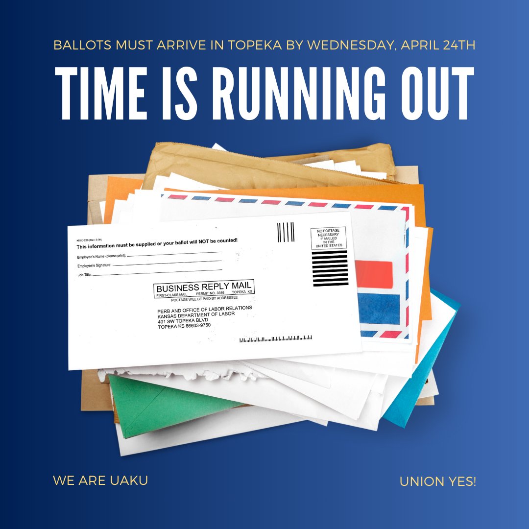 This is the final full week of our mail-in ballot union election. If your ballot is filled out and just waiting to be taken to a mailbox, do it today! #WeAreUAKU #UnionYES @AFTHigherEd @AAUP